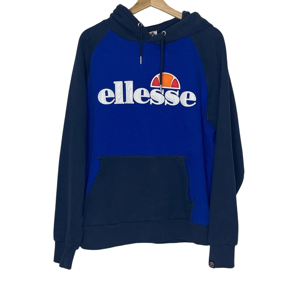 Ellesse Mens Raglan Hoodie Blue Colorblock Embroidered Logo Sweatshirt XXL